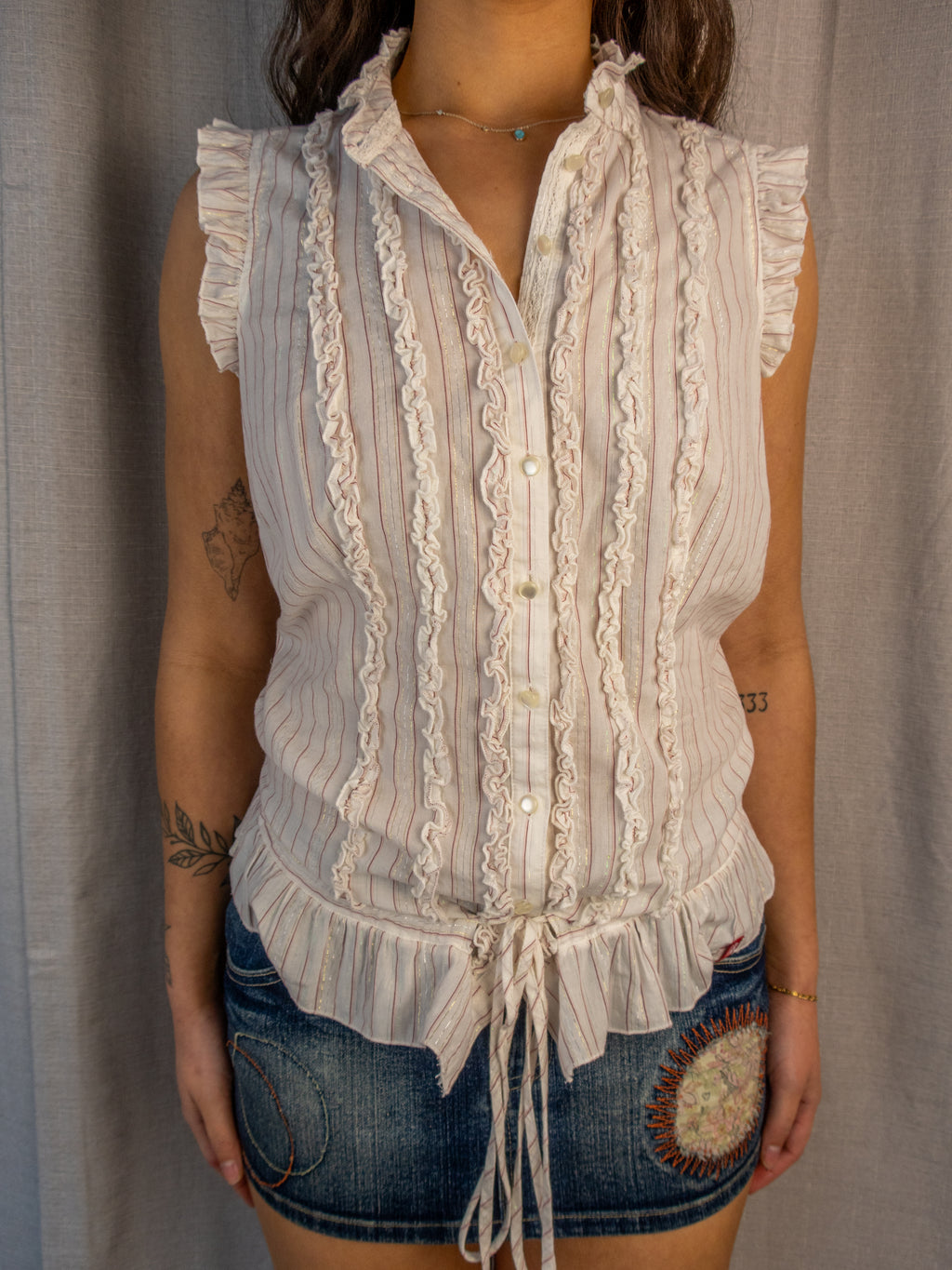 Y2K EDC by Esprit Ruffle Blouse - White Pink Stripe - Size S