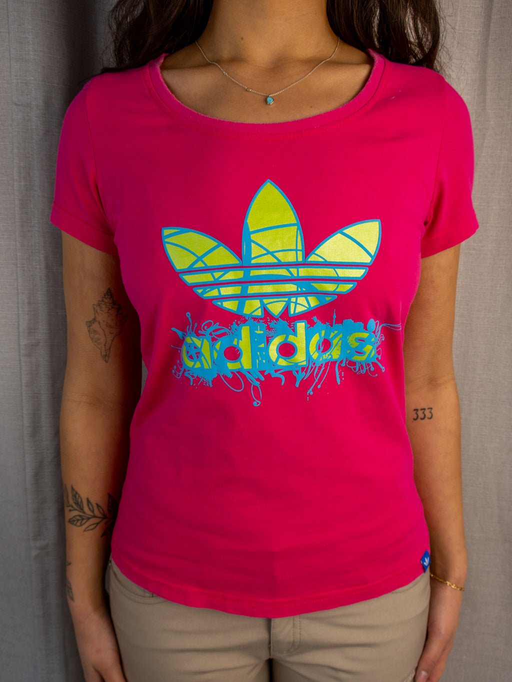 Adidas Fitted Tee - Neon Pink Logo Print - Size S