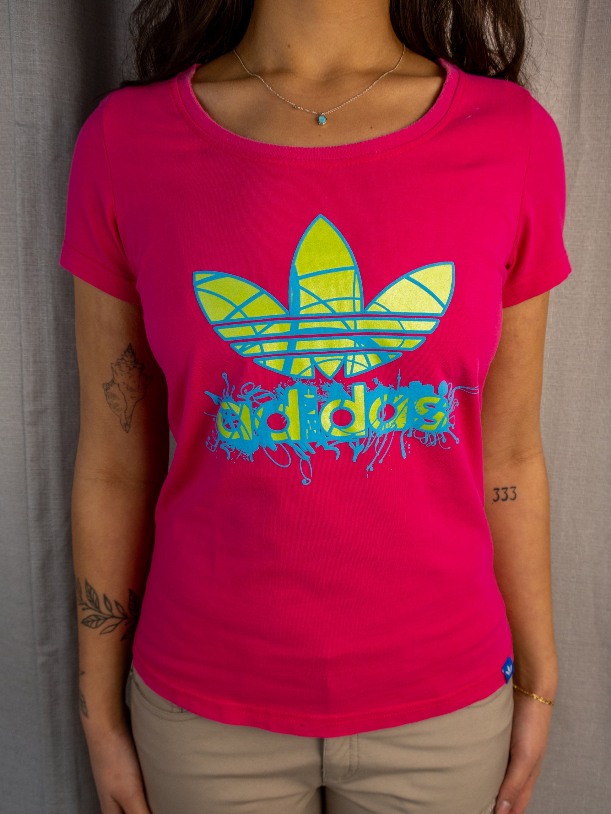 Adidas Fitted Tee - Neon Pink Logo Print - Size S