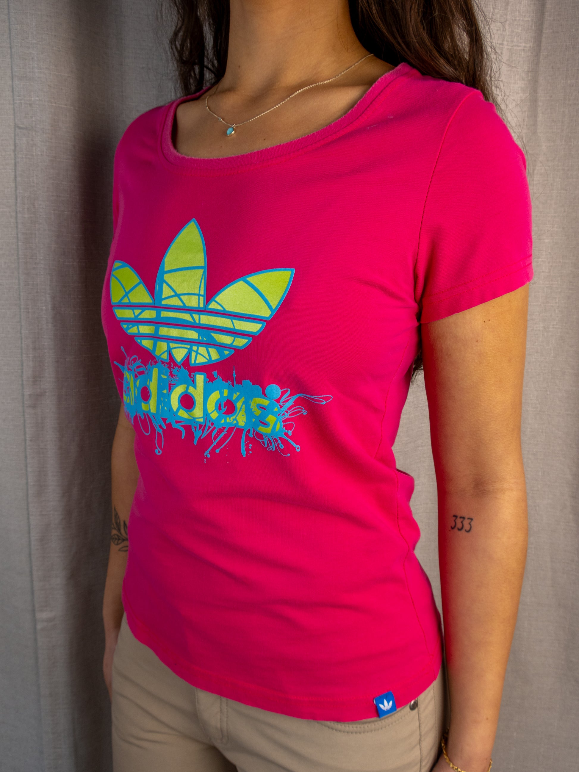 Adidas Fitted Tee - Neon Pink Logo Print - Size S