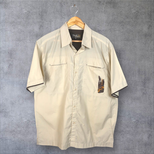 VINTAGE PIPING HOT BUTTON-UP SHIRT - L