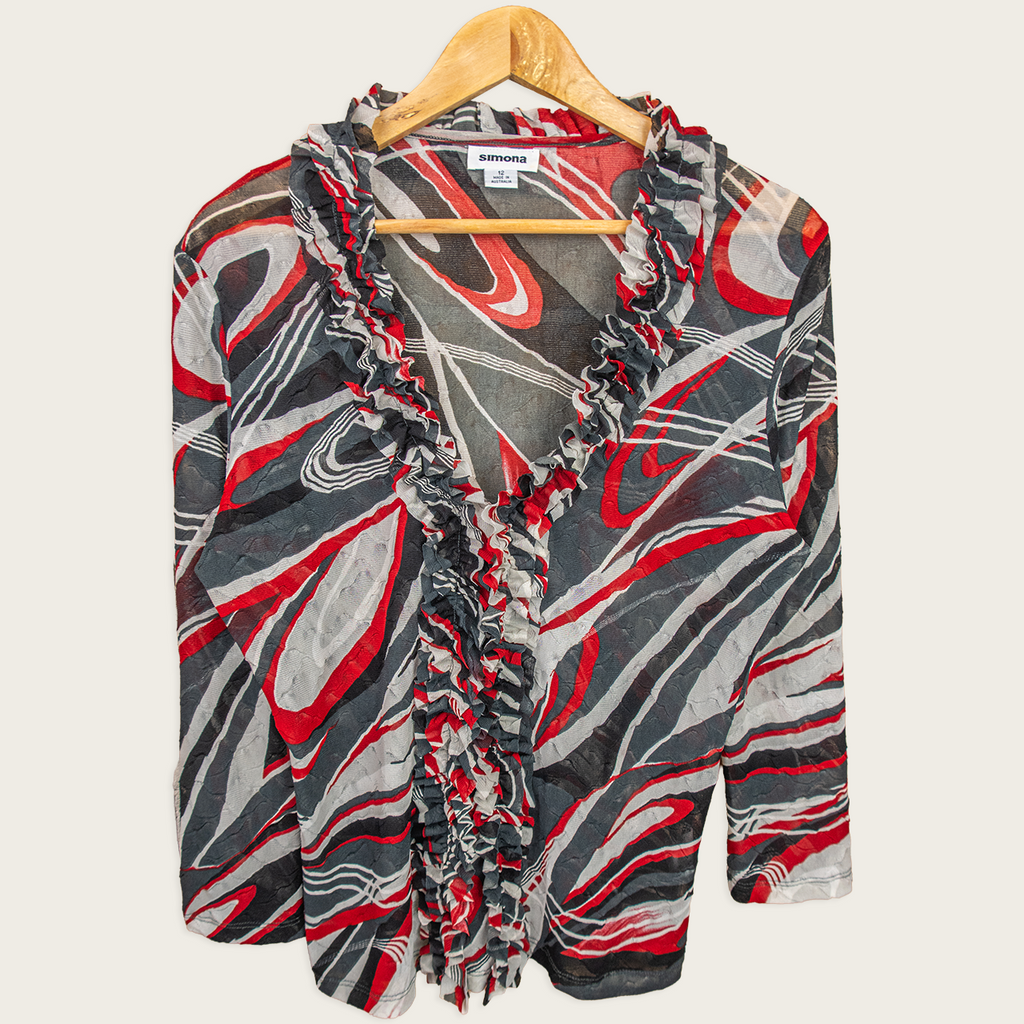 Y2K Simona Mesh Top - Abstract Print Ruffle - Size 12