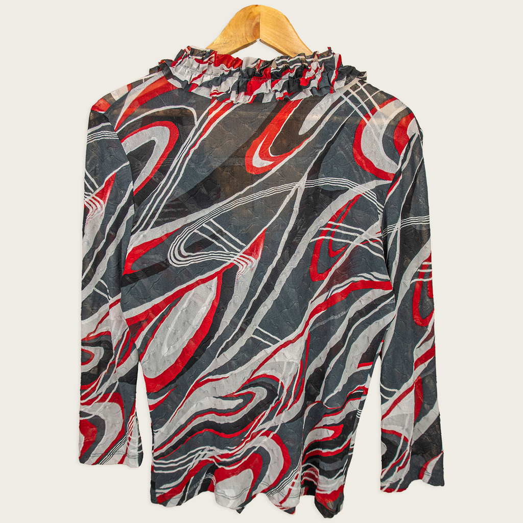 Y2K Simona Mesh Top - Abstract Print Ruffle - Size 12