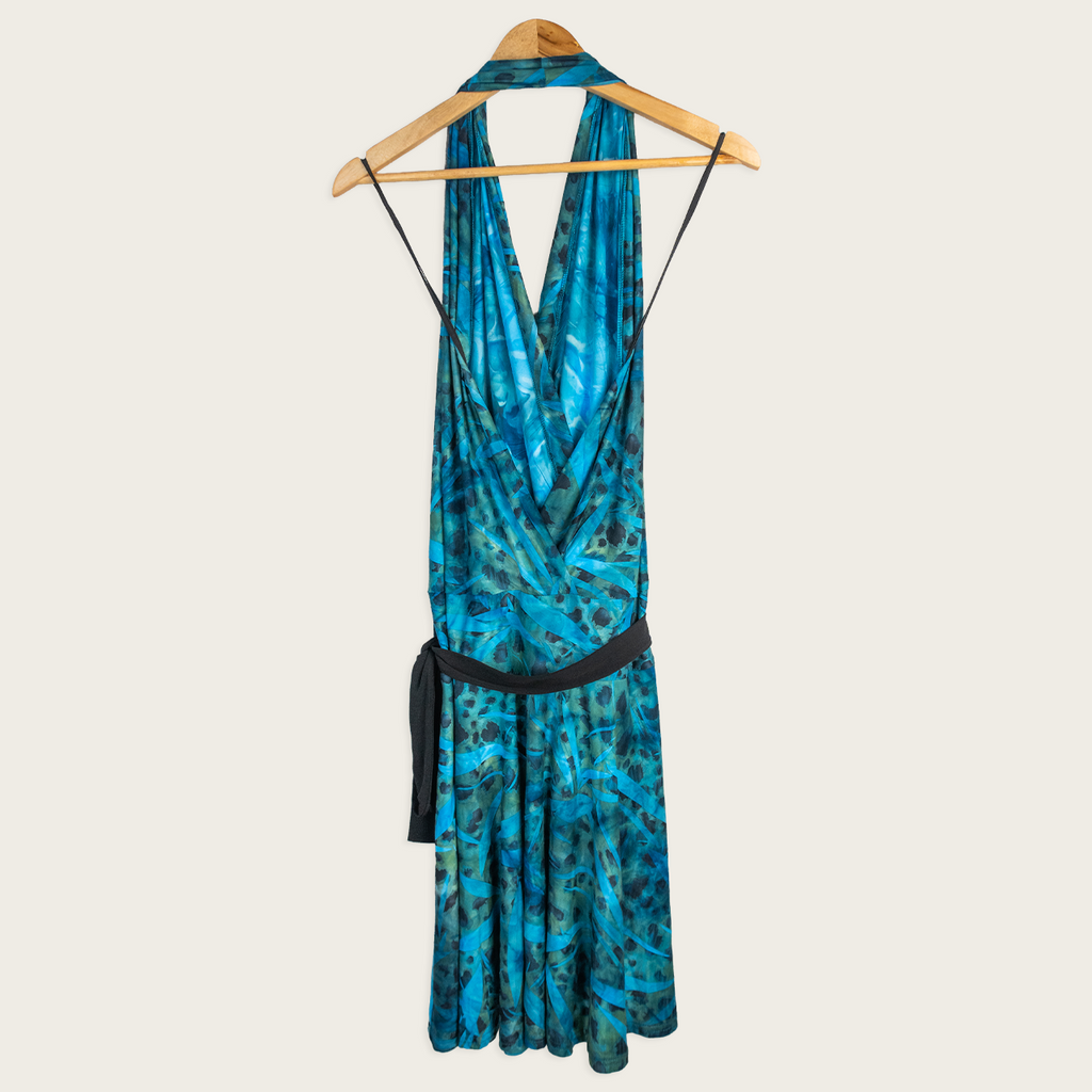 Vintage Powerhouse Halter Midi Dress - Blue Abstract Print - Size 10