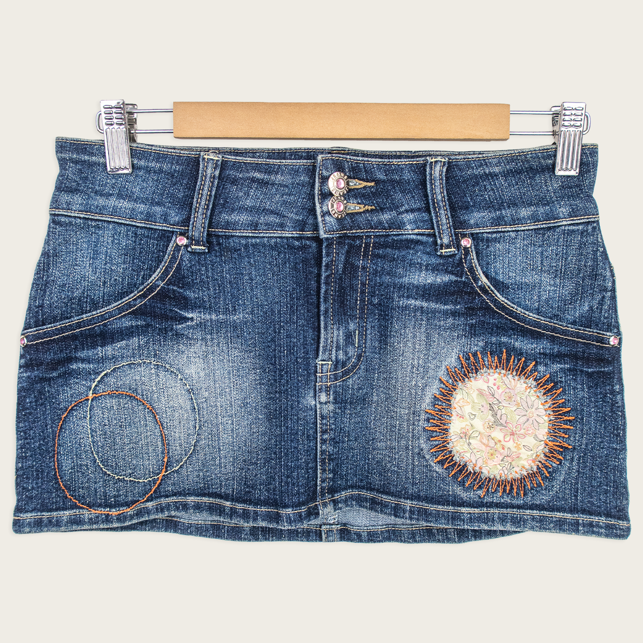 Y2K Kai Long Denim Mini Skirt - Embroidered Detail - Size 8