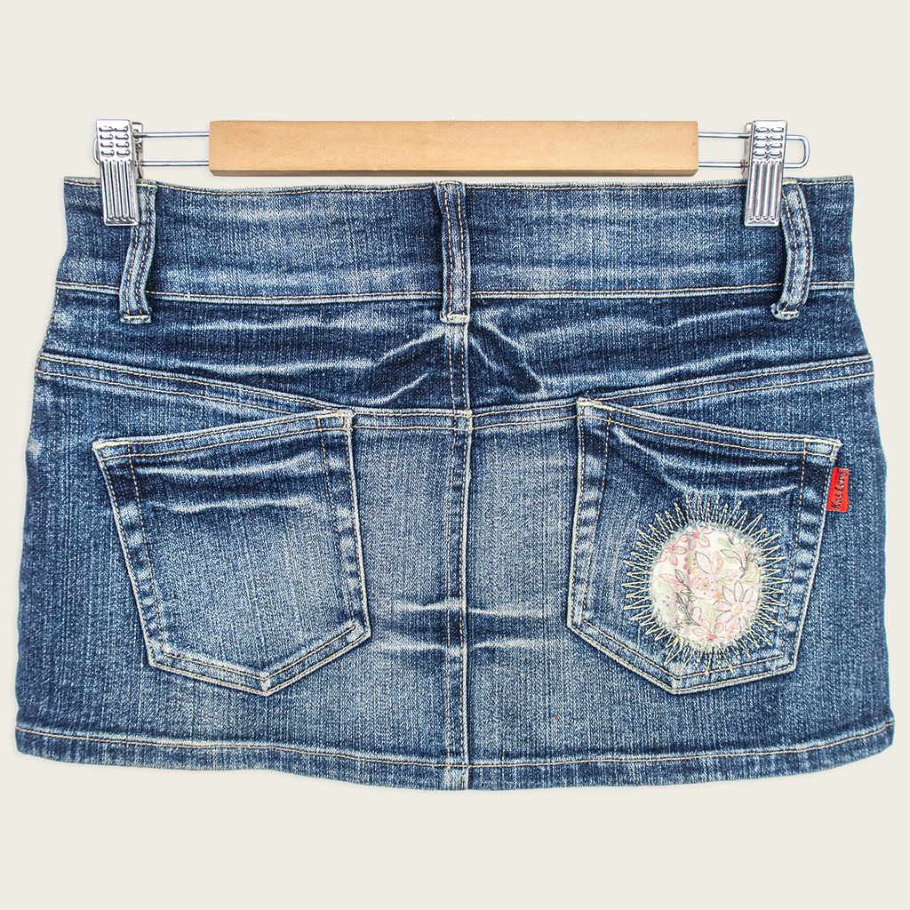 Y2K Kai Long Denim Mini Skirt - Embroidered Detail - Size 8