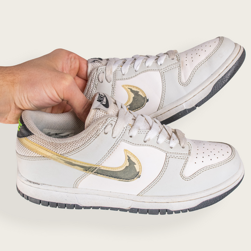 Youth White/Black/Gold NIKE Dunk Low Custom Swoosh - Women's 7.5 US / 6Y