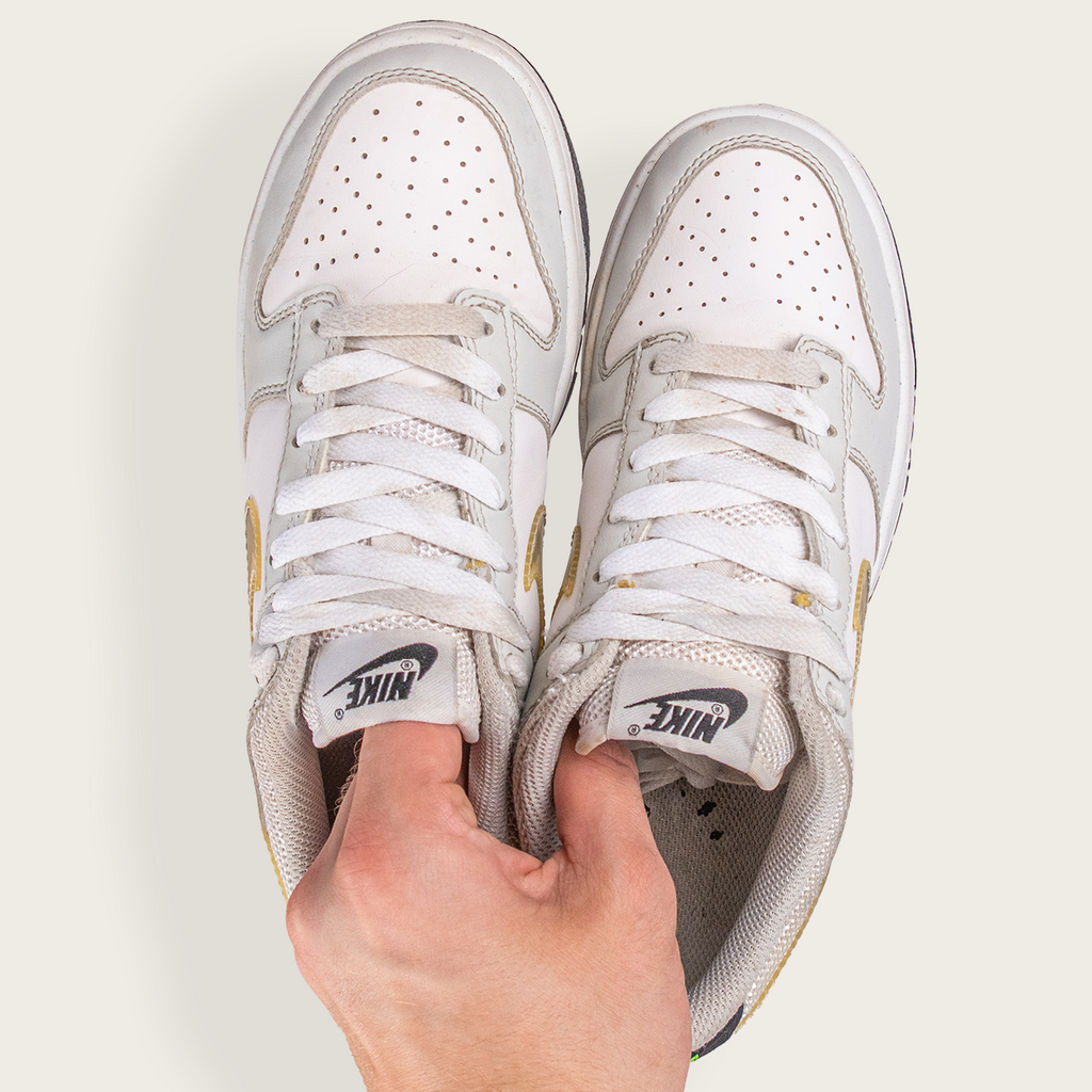 Youth White/Black/Gold NIKE Dunk Low Custom Swoosh - Women's 7.5 US / 6Y