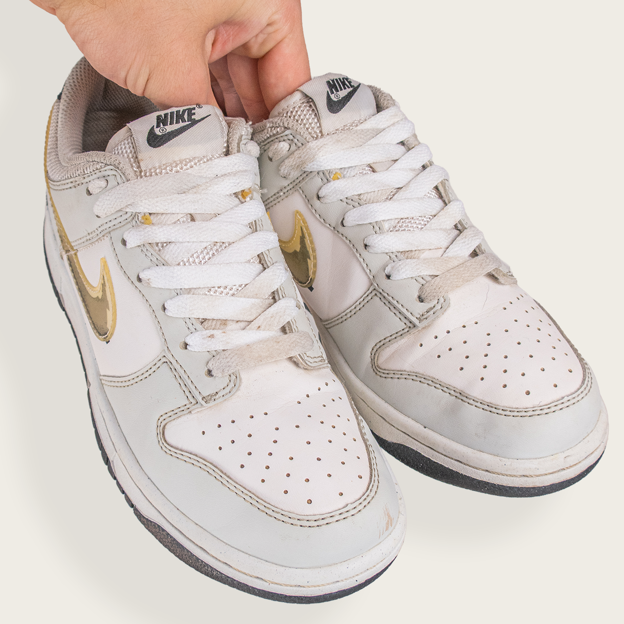 Youth White/Black/Gold NIKE Dunk Low Custom Swoosh - Women's 7.5 US / 6Y