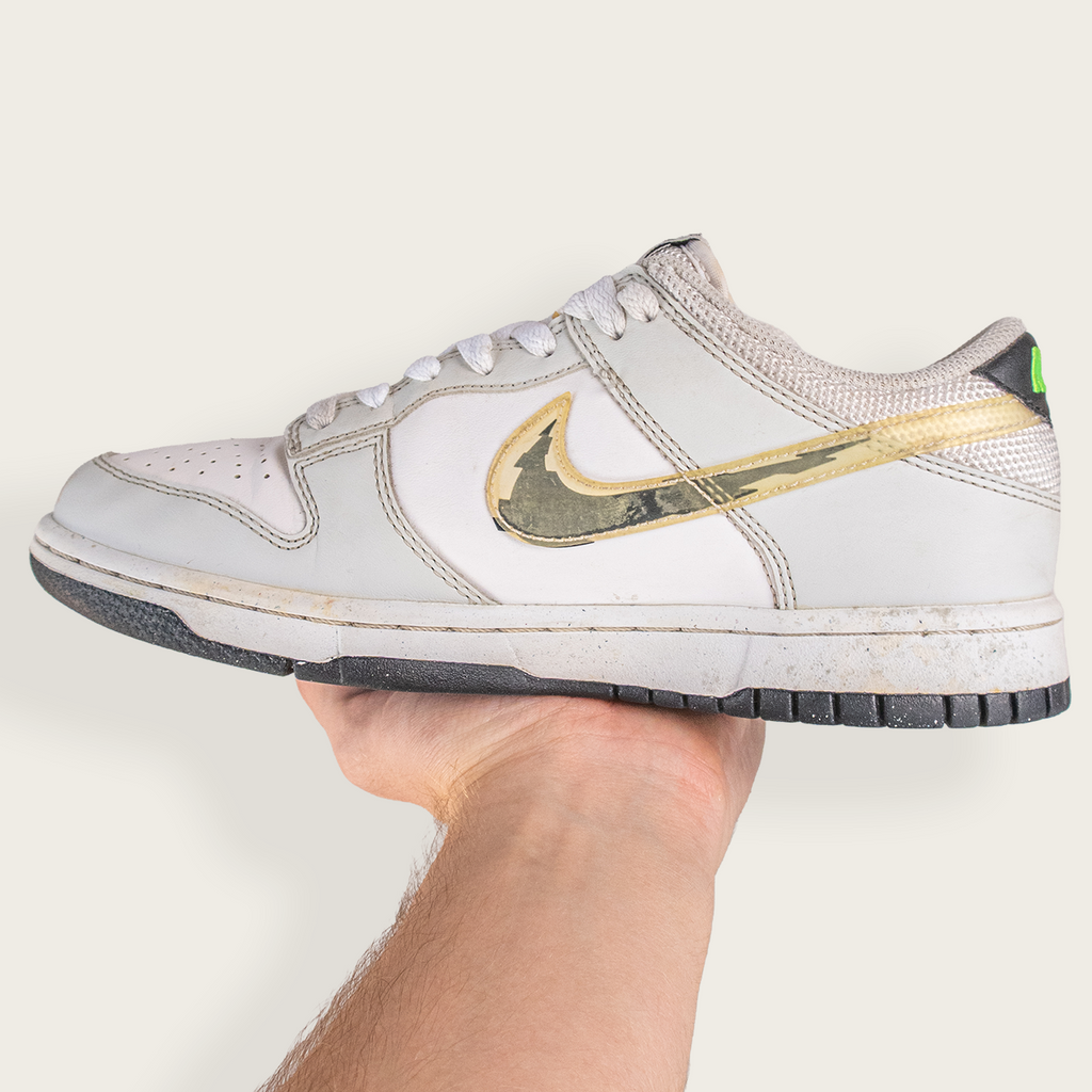 Youth White/Black/Gold NIKE Dunk Low Custom Swoosh - Women's 7.5 US / 6Y