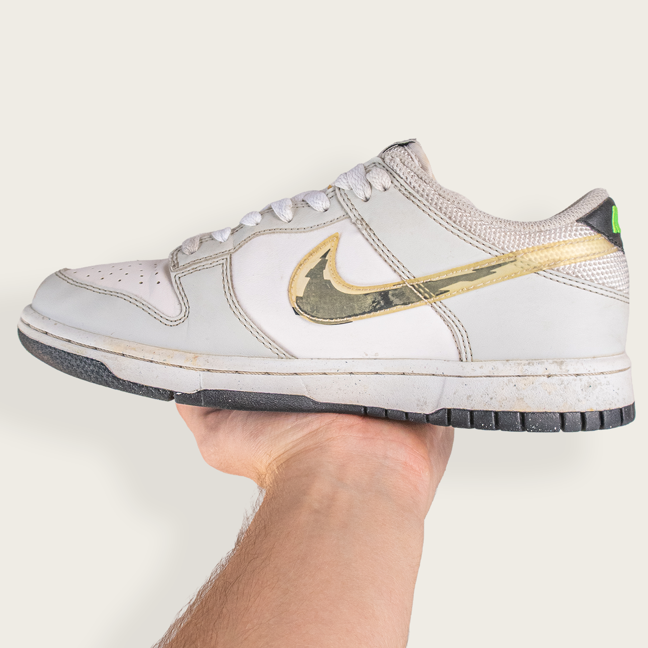 Youth White/Black/Gold NIKE Dunk Low Custom Swoosh - Women's 7.5 US / 6Y