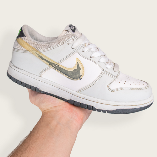 Youth White/Black/Gold NIKE Dunk Low Custom Swoosh - Women's 7.5 US / 6Y