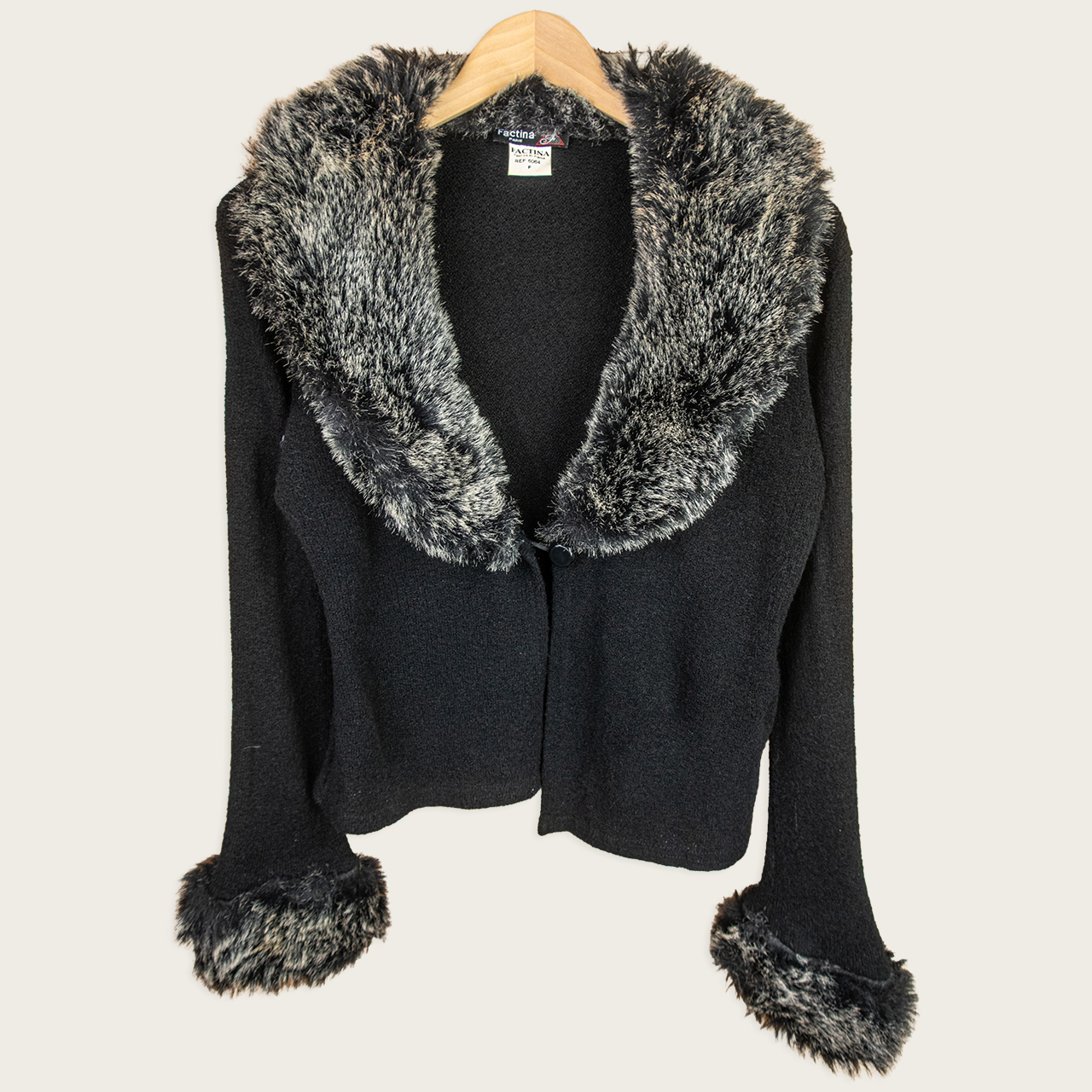 Y2K Factina Faux Fur Cardigan - Black Fluffy Trim - Size M