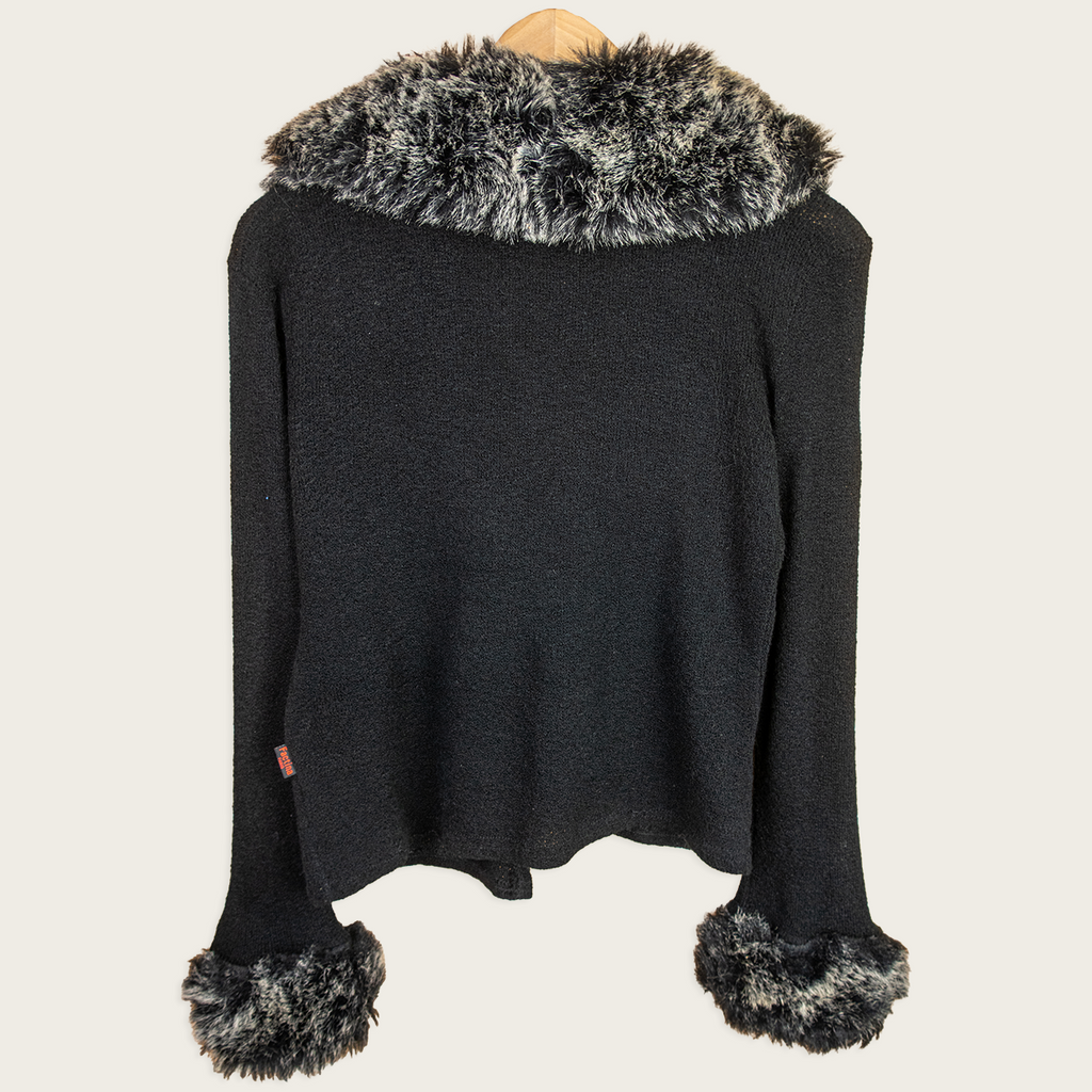 Y2K Factina Faux Fur Cardigan - Black Fluffy Trim - Size M