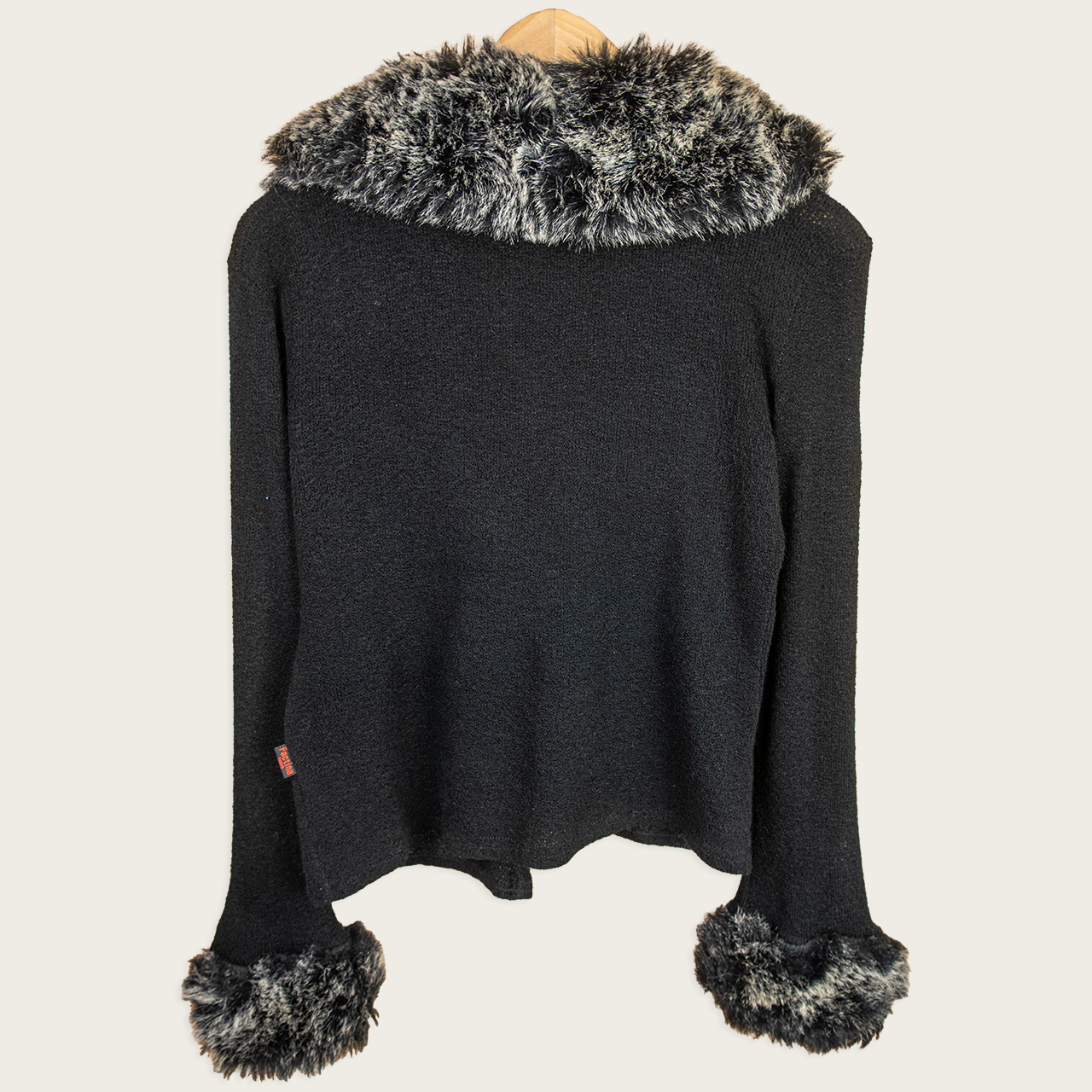 Y2K Factina Faux Fur Cardigan - Black Fluffy Trim - Size M