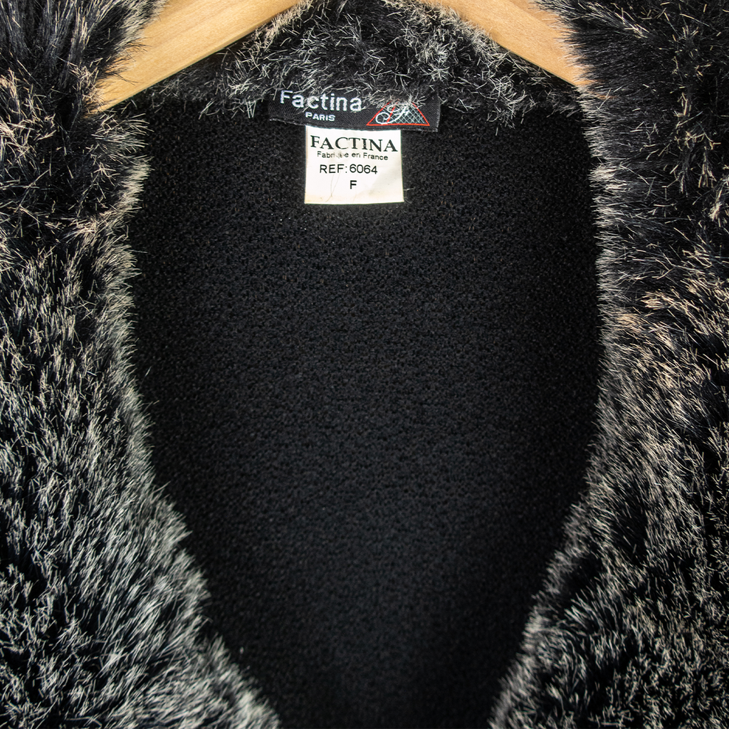 Y2K Factina Faux Fur Cardigan - Black Fluffy Trim - Size M