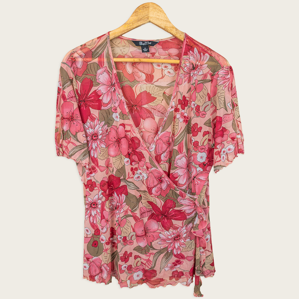 Y2K BeMe Floral Mesh Wrap Top - Pink - Size 12