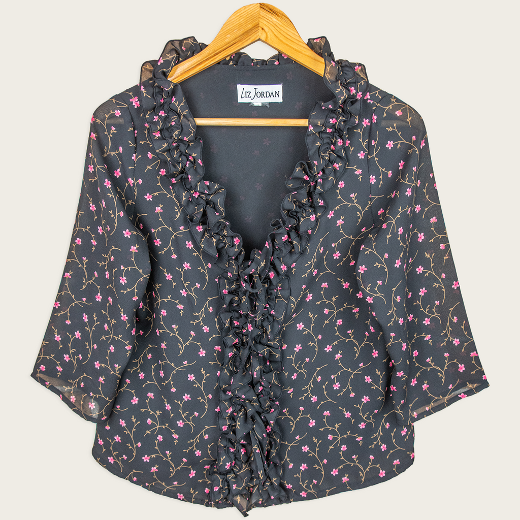 Y2K Liz Jordan Floral Ruffle Blouse - Black - Size M