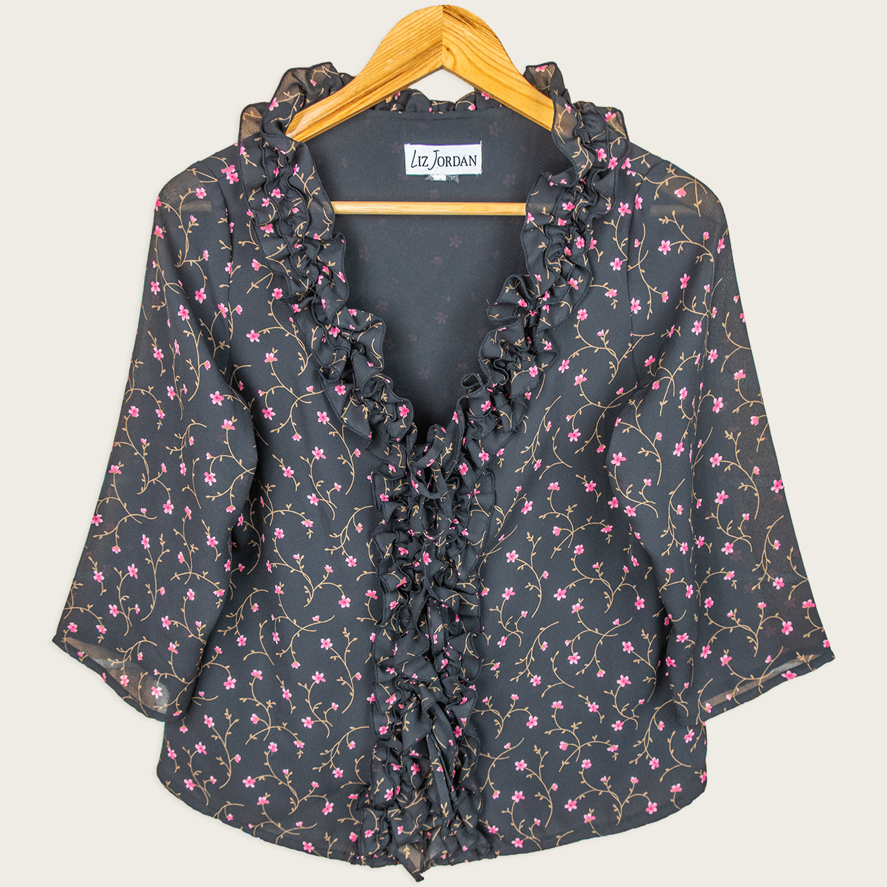Y2K Liz Jordan Floral Ruffle Blouse - Black - Size M