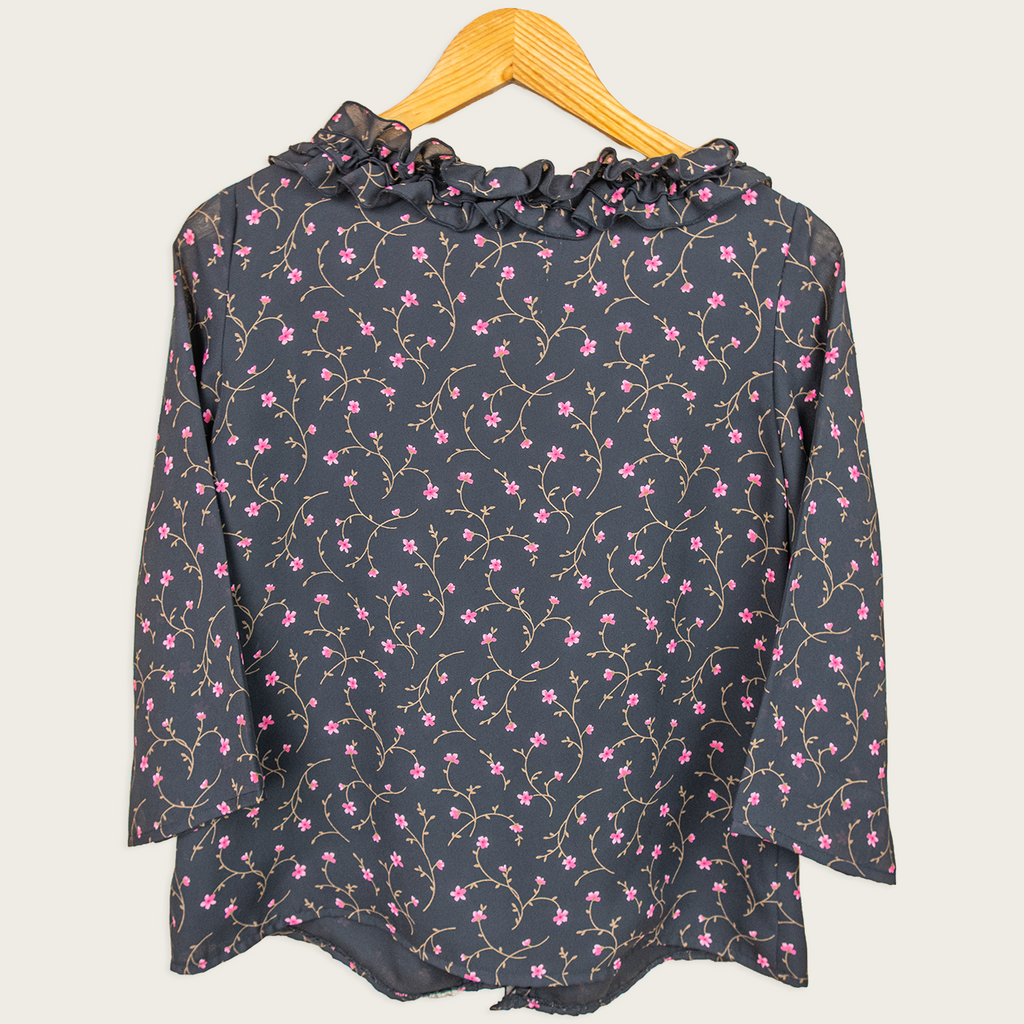 Y2K Liz Jordan Floral Ruffle Blouse - Black - Size M