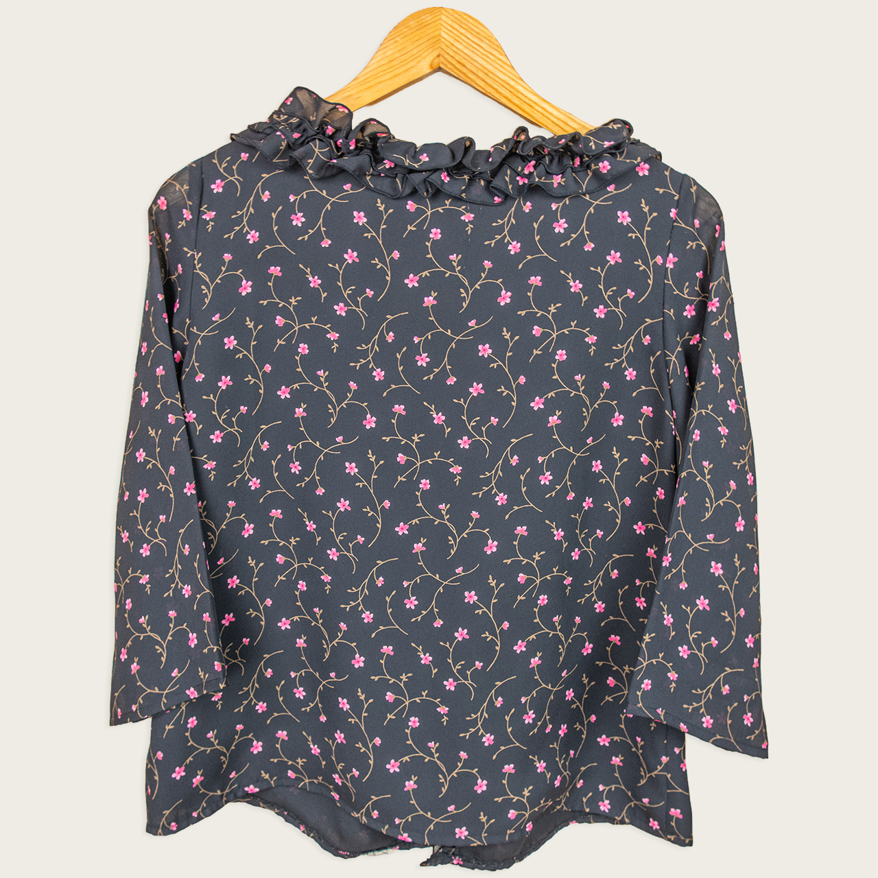 Y2K Liz Jordan Floral Ruffle Blouse - Black - Size M