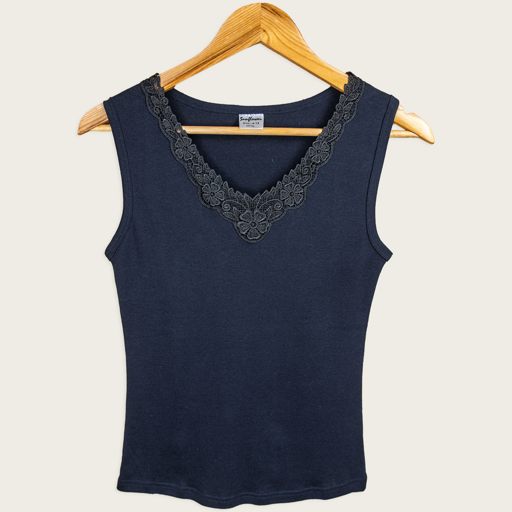 Y2K Sunflower Lace Trim Tank - Black Cotton - Size 12