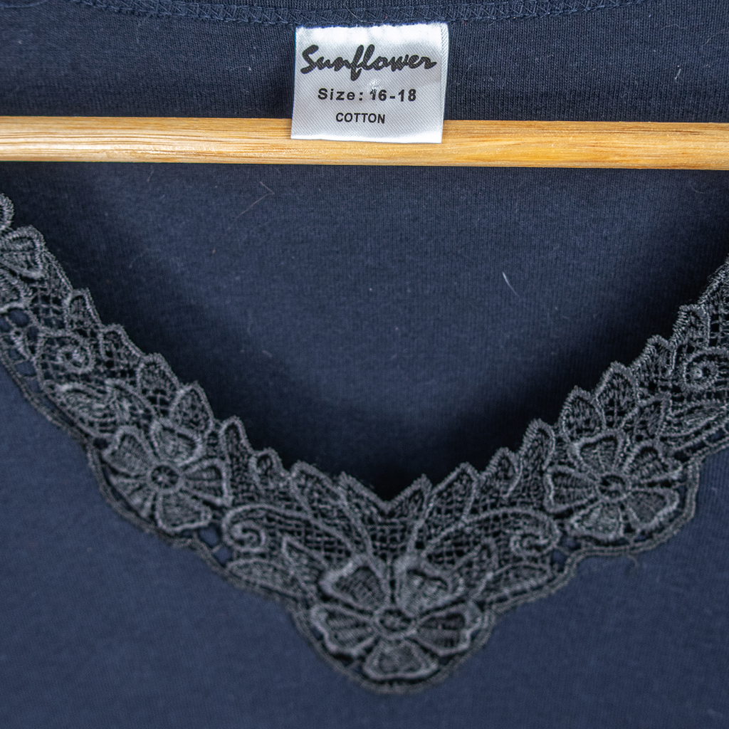 Y2K Sunflower Lace Trim Tank - Black Cotton - Size 12