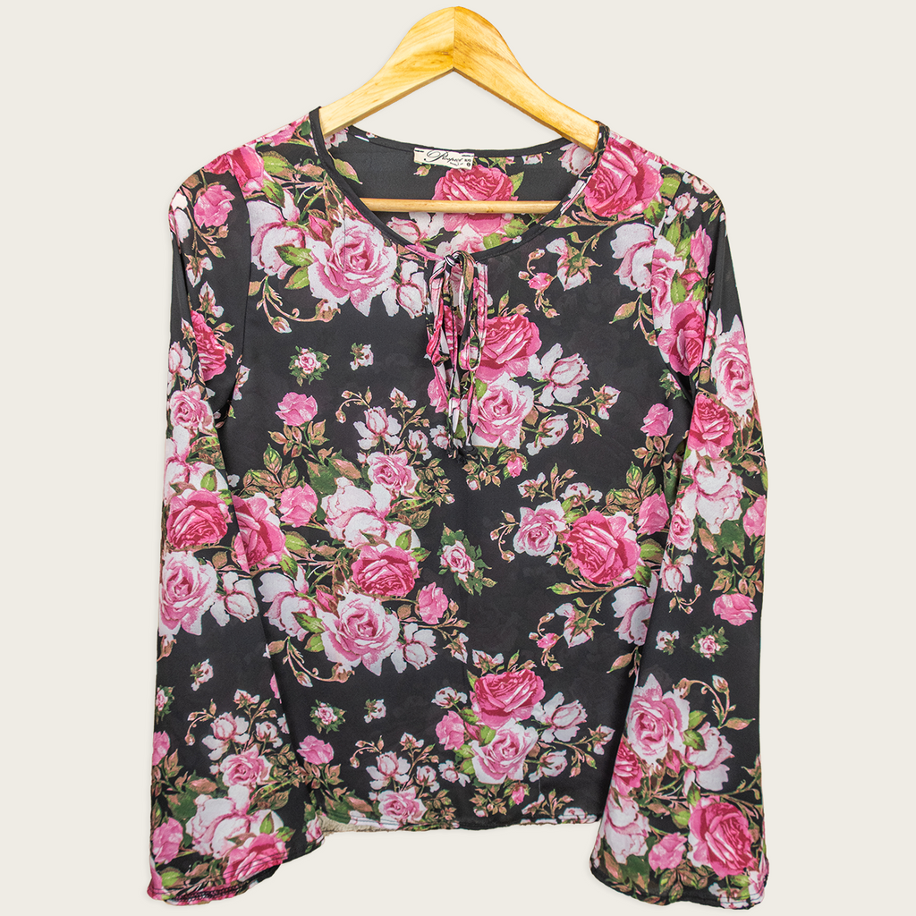 Vintage Prospect Blvd Sheer Floral Top - Black Pink Roses - Size Small