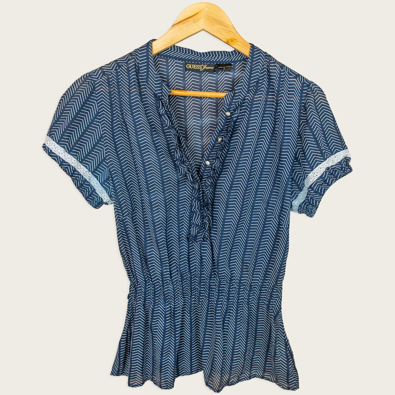 Y2K Guess Jeans Patterned Peplum Top - Navy/White - Size M
