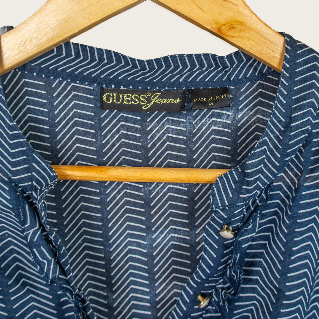 Y2K Guess Jeans Patterned Peplum Top - Navy/White - Size M