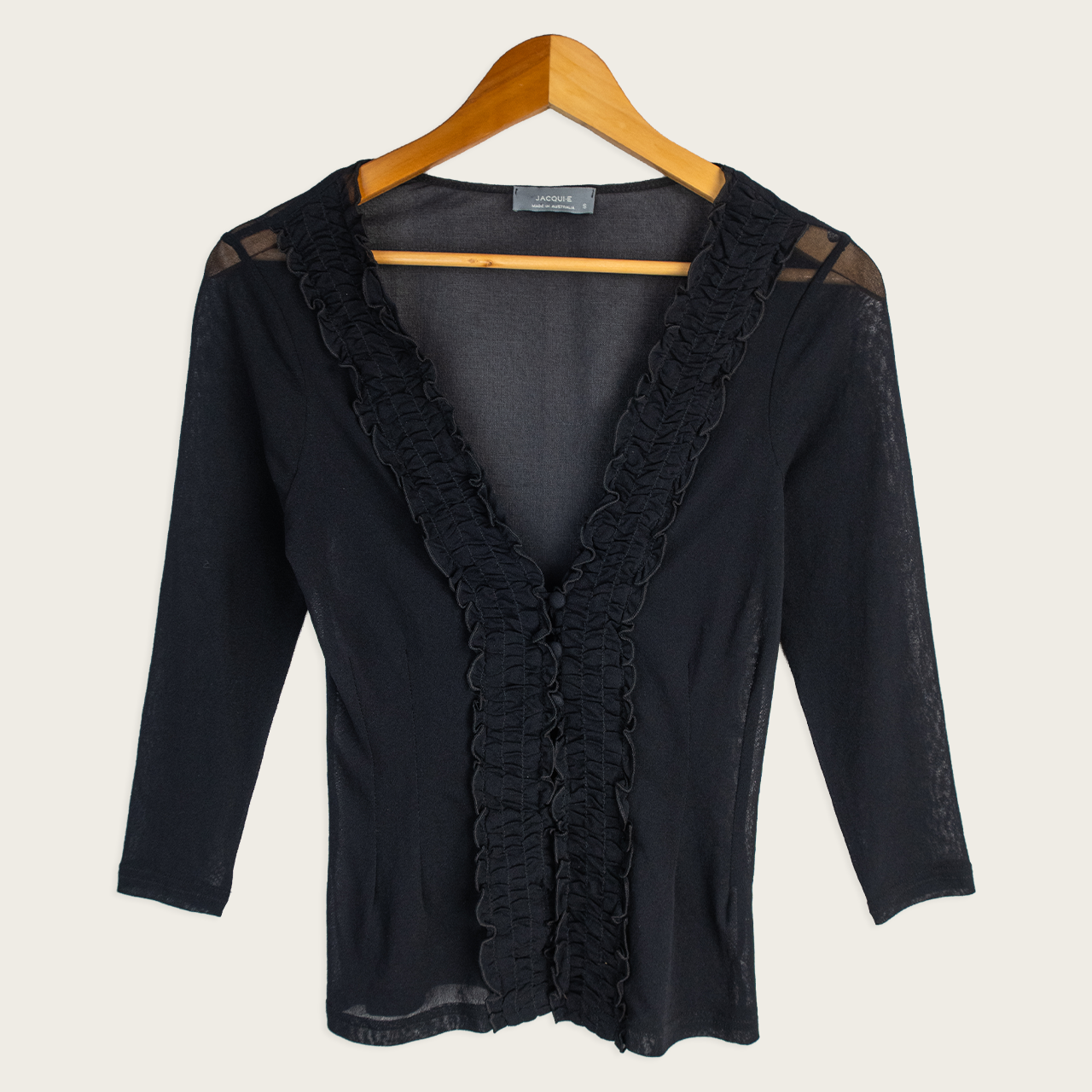 Y2K Jacqui E Sheer Mesh Top - Black Ruffle Trim - Size S