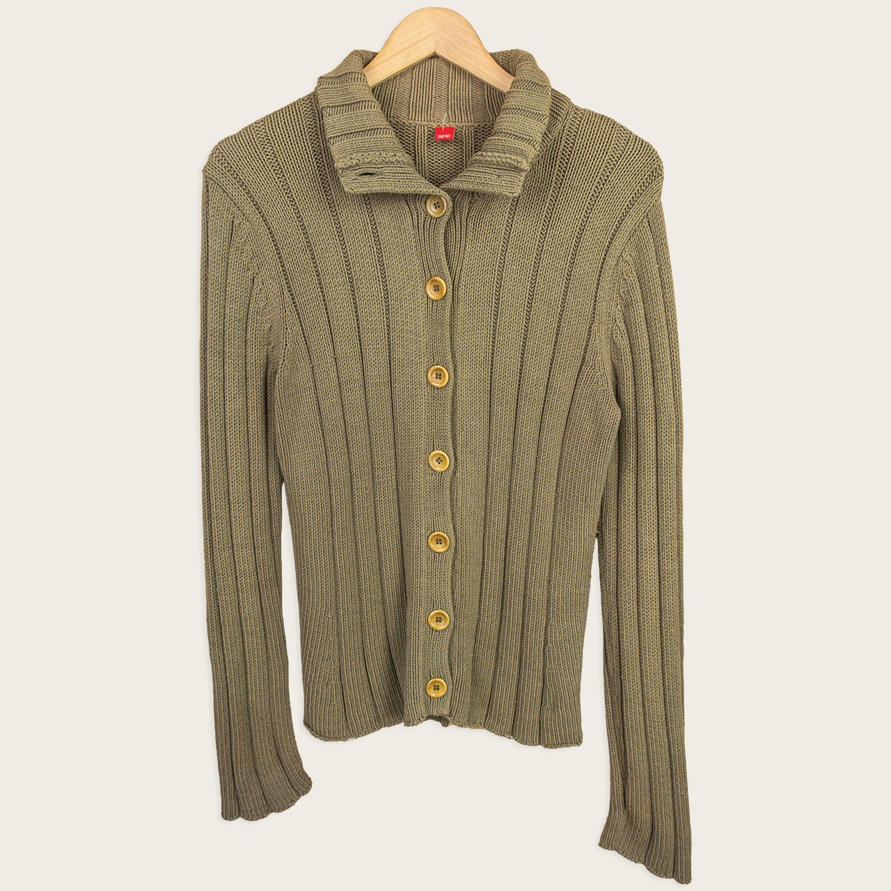 Y2K Esprit Rib Knit Button Cardigan - Khaki - Size L