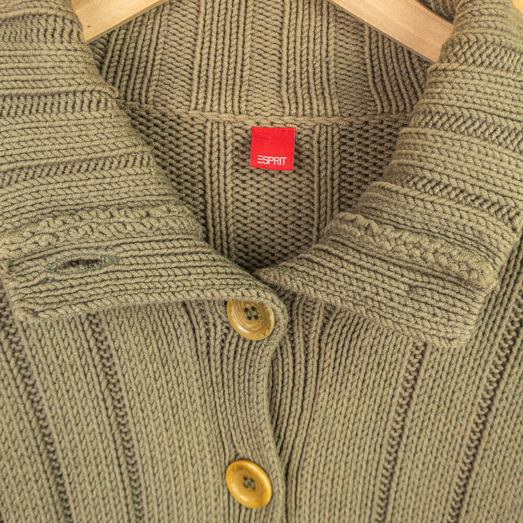 Y2K Esprit Rib Knit Button Cardigan - Khaki - Size L