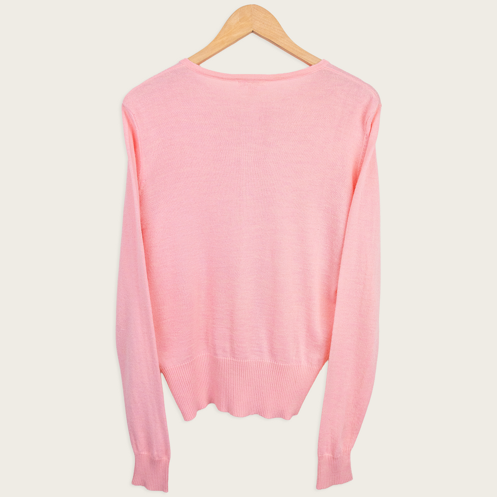 Y2K Velour Girl Cardigan - Soft Pink Embroidered - Size L