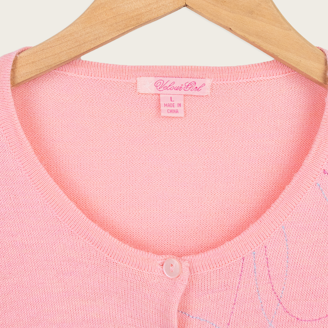 Y2K Velour Girl Cardigan - Soft Pink Embroidered - Size L
