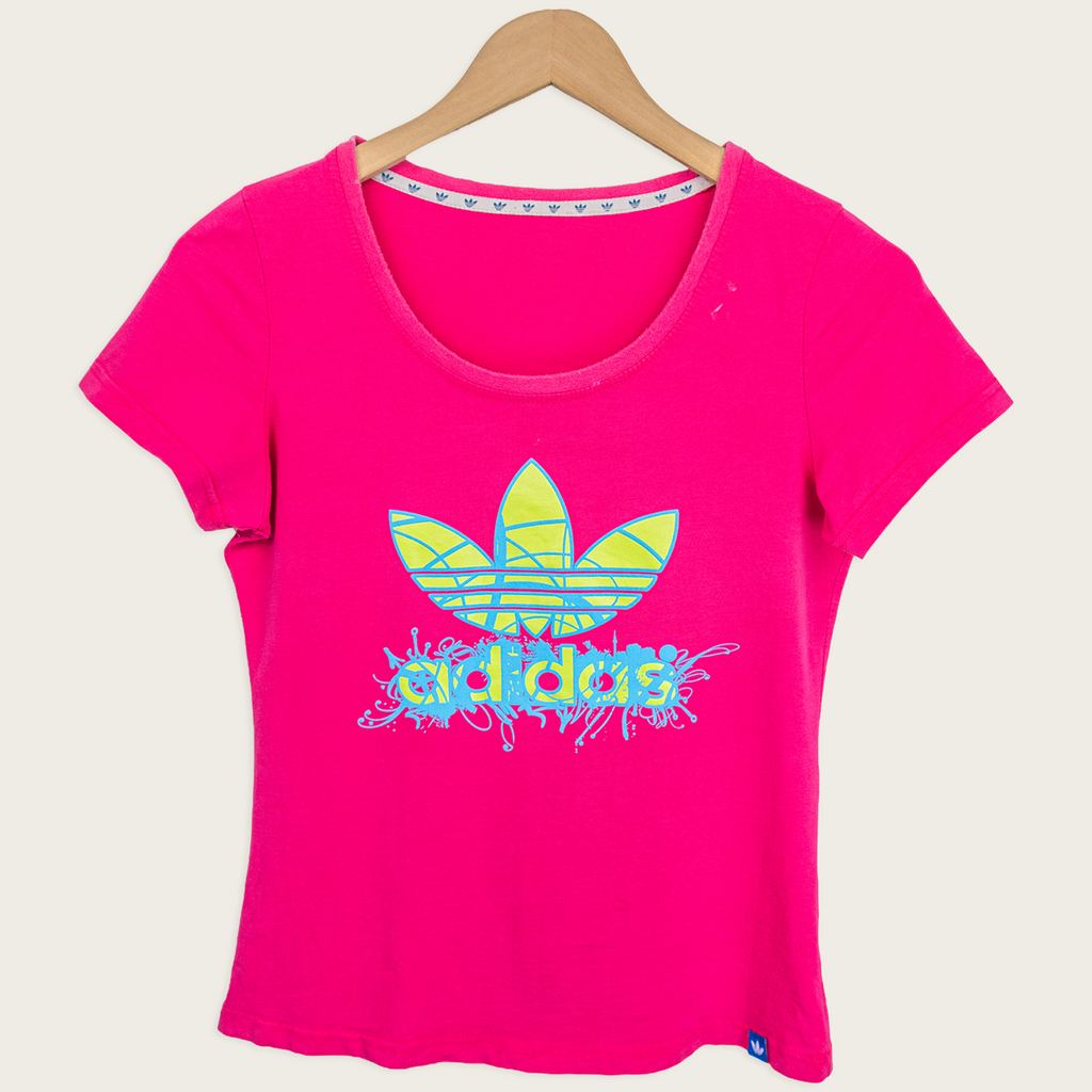 Adidas Fitted Tee - Neon Pink Logo Print - Size S