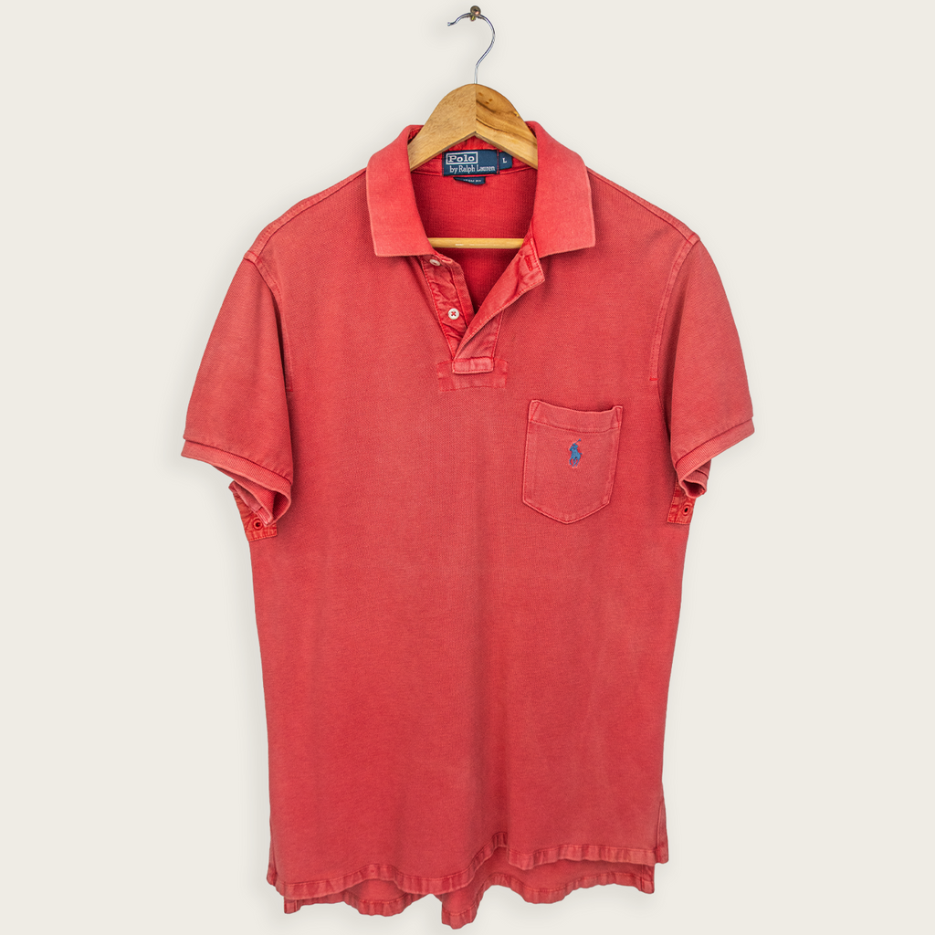 1990's Light Red Premium POLO RALPH LAUREN Casual Preppy Streetwear Rugby Pocket Polo Shirt - L