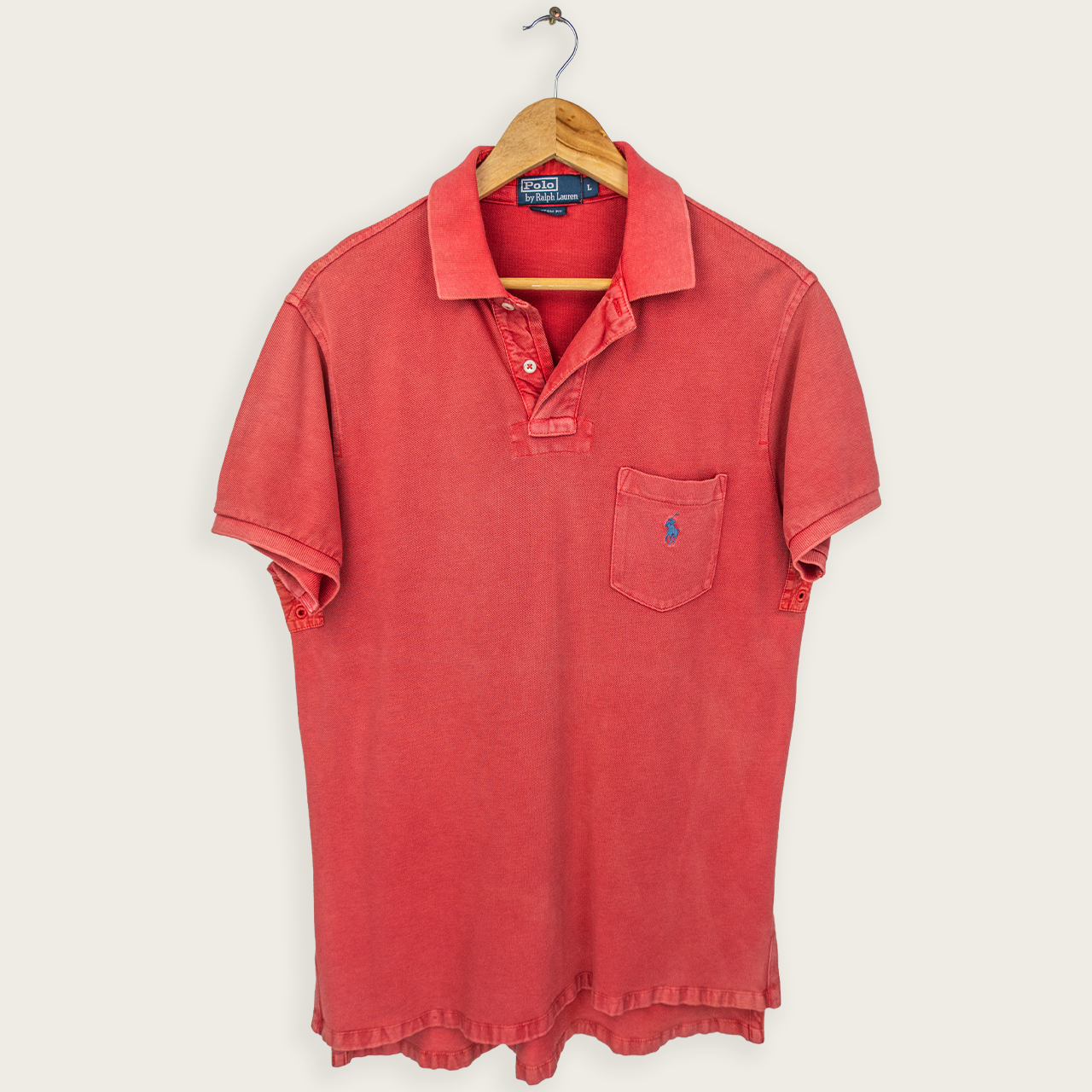 1990's Light Red Premium POLO RALPH LAUREN Casual Preppy Streetwear Rugby Pocket Polo Shirt - L