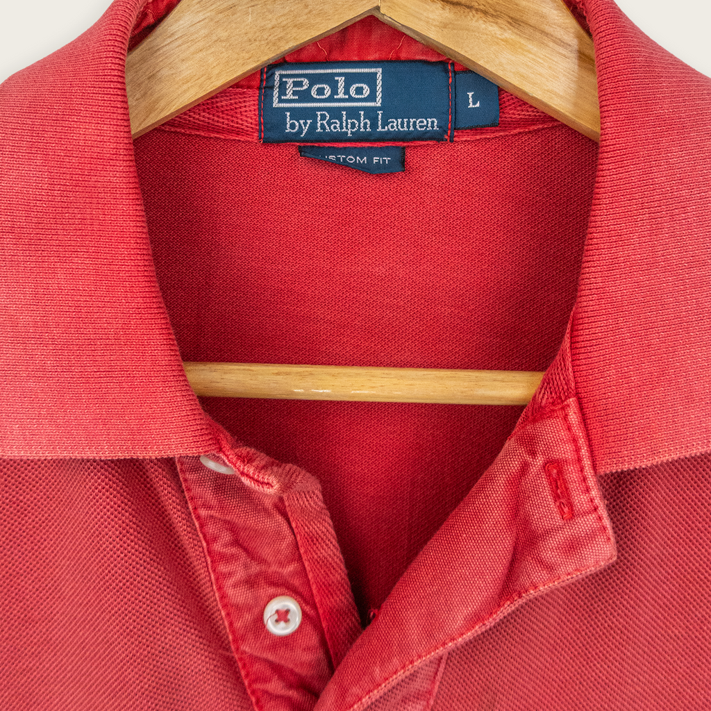 1990's Light Red Premium POLO RALPH LAUREN Casual Preppy Streetwear Rugby Pocket Polo Shirt - L