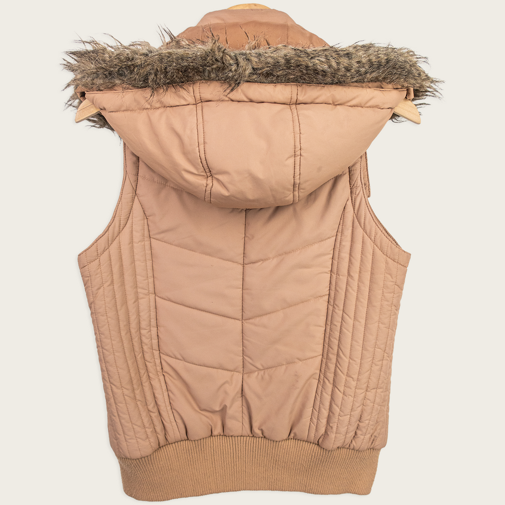 Y2K Puffer Vest - Beige Fur Hood - Size 12
