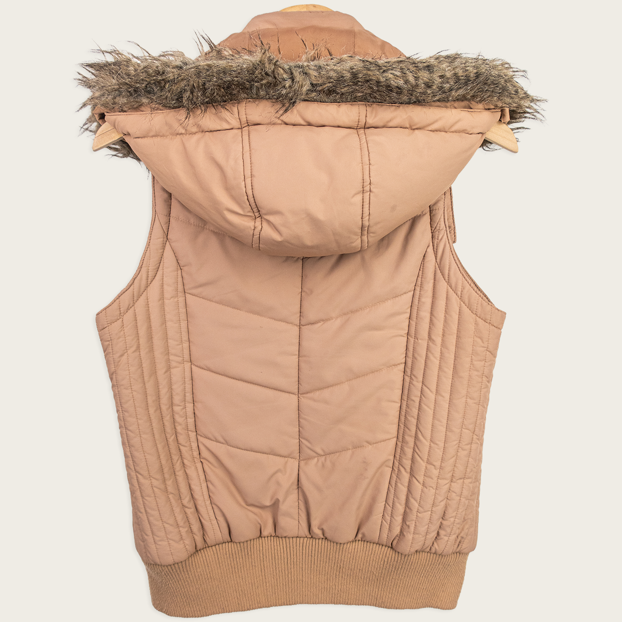 Y2K Puffer Vest - Beige Fur Hood - Size 12