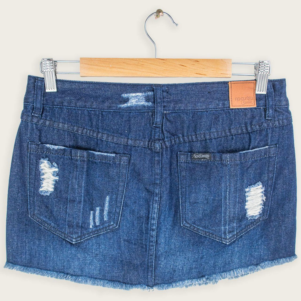 Y2K Rip Curl Denim Mini Skirt - Distressed Raw Hem - Size 10