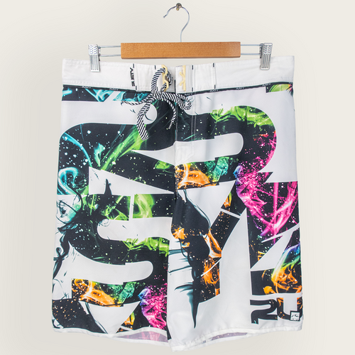 Vintage 2000's White/Multicoloured Graphic RUSTY Casual Streetwear/Skater/Y2K Board Shorts - 33"