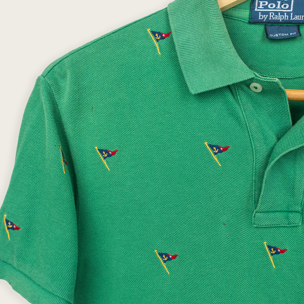 2000's Green Sail-Embroidered Premium POLO RALPH LAUREN Casual Preppy Streetwear Polo Shirt - S