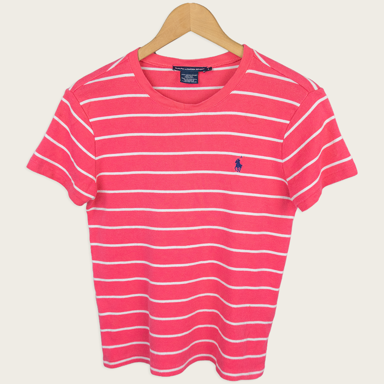 Vintage Ralph Lauren Sport Striped Tee - Pink White Logo - Size L