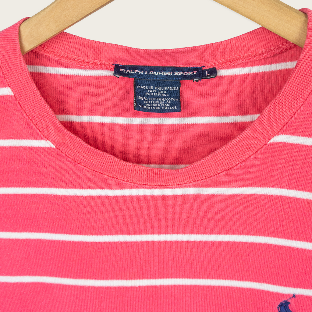 Vintage Ralph Lauren Sport Striped Tee - Pink White Logo - Size L