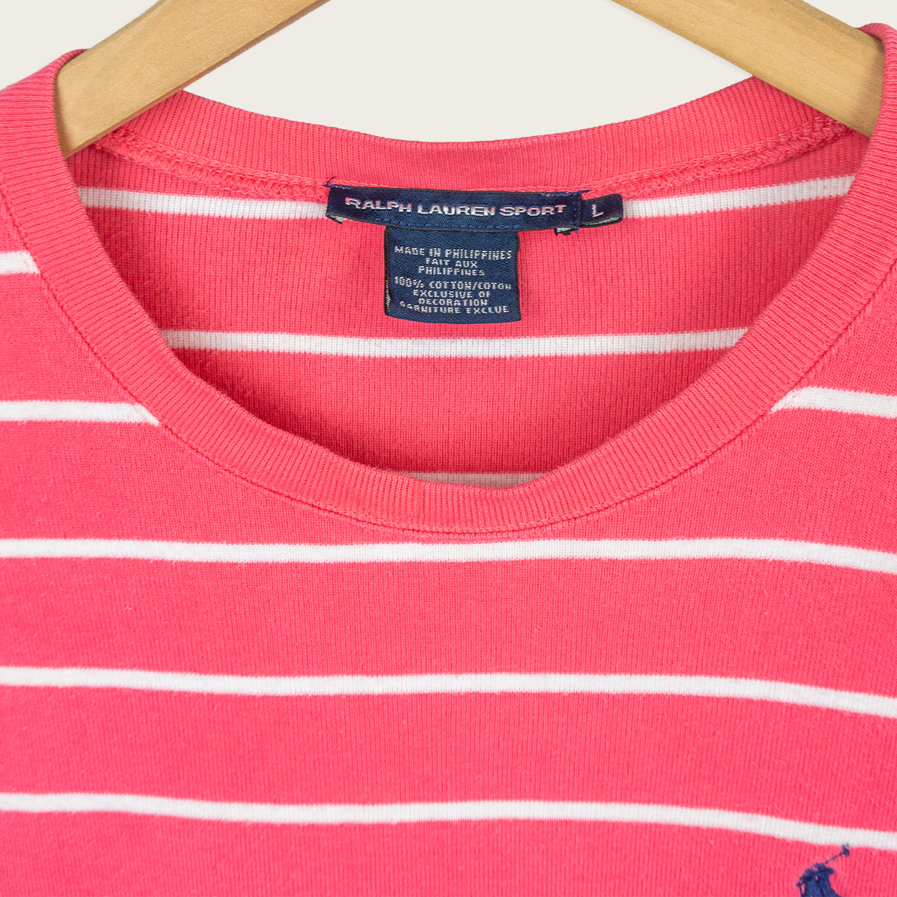 Vintage Ralph Lauren Sport Striped Tee - Pink White Logo - Size L