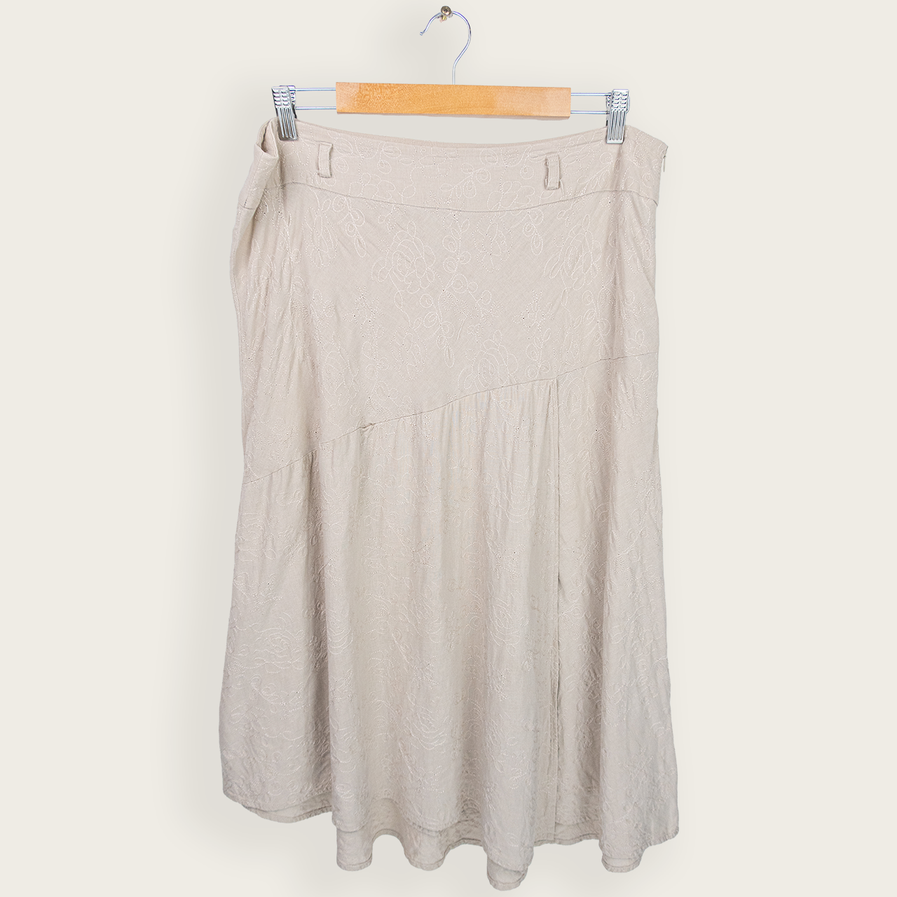 Vintage Embroidered Floral Midi Skirt - Beige - Size 16
