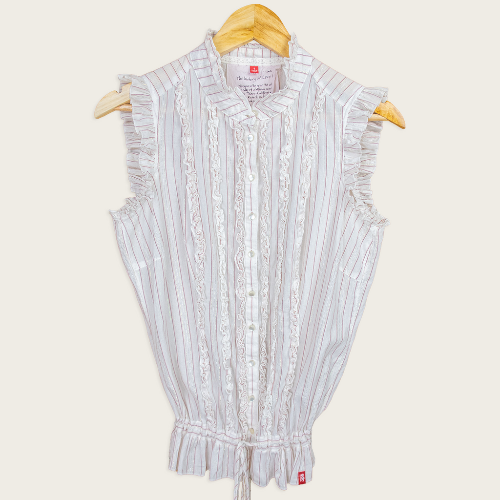 Y2K EDC by Esprit Ruffle Blouse - White Pink Stripe - Size S