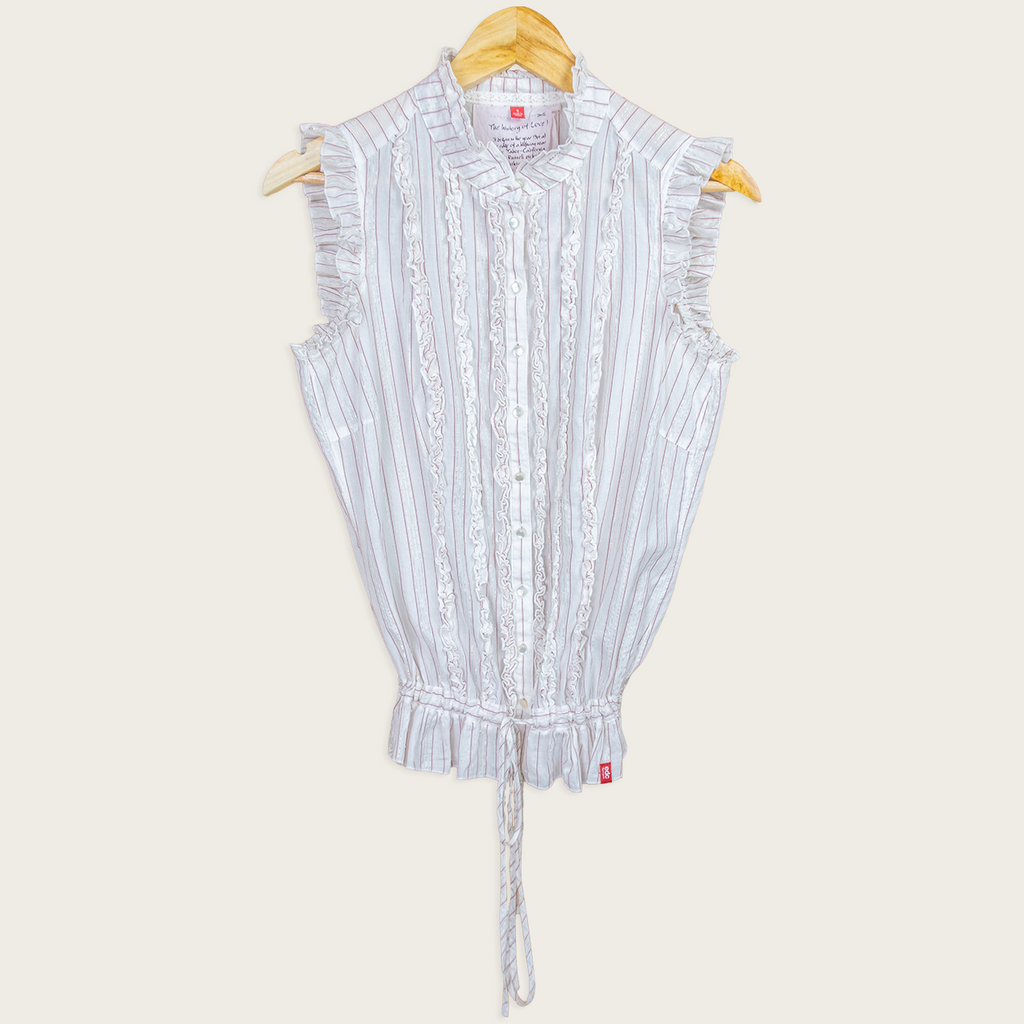 Y2K EDC by Esprit Ruffle Blouse - White Pink Stripe - Size S